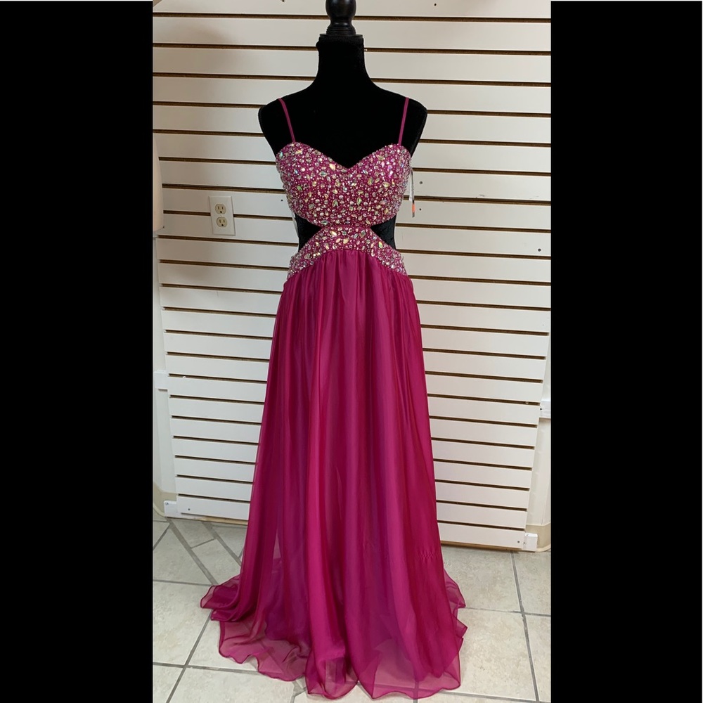 Size 10 Fuchsia Pink Beaded Prom Homecoming Formal Gown Dress with Cutouts NWT